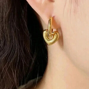 Gold Bubble Heart Charm Dangle Huggie Hoop Earrings